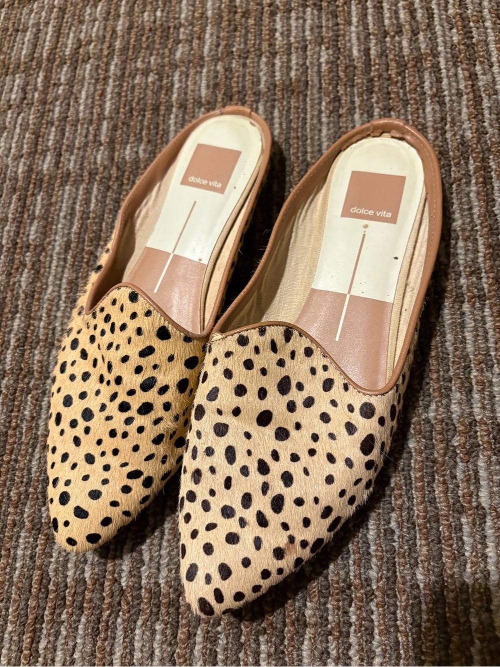 Dolce Vita Leopard Print Pointed Slip-On Mules - Tan/Black